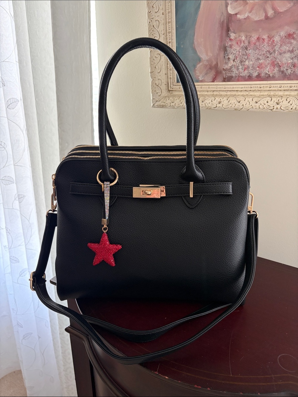 Women’s Black Structured Satchel Bag with Gold Hardware